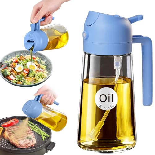 YARRAMATE 16oz/470ml Glass Olive Oil Sprayer for Cooking with Stickers, 2 in 1 Oil Dispenser for Kitchen Gadgets, Food Grade Premium Spray Bottle with Portion Control for Salad, BBQ(SkyBlue) - color: 10_SkyBlue