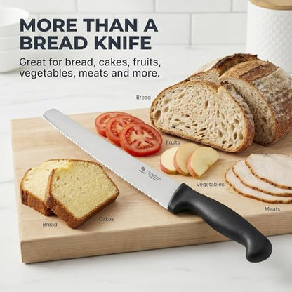 10-Inch Serrated Bread Knife with Sheath for Sourdough, German Steel | 1.4116 stainless steel blade for homemade and artisan loaves with Cover, Black