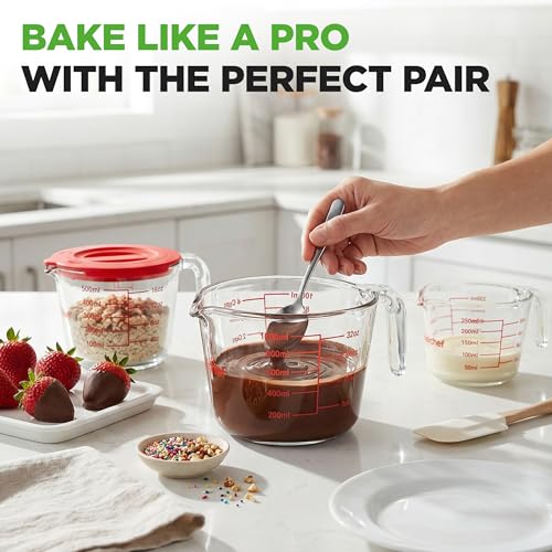 NutriChef 1,2 and 4 Cups Glass Measuring Cup Set with Lids (8, 17 and 34 oz) - Heat-Resistant Borosilicate Liquid Measure Cups with Easy-Read Scale for Cooking, Baking & Food Storage, Dishwasher Safe - size: 3 pc set with lids