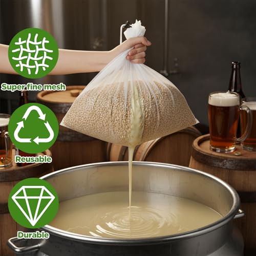 10 Pack Brew Bags, Extra Large26" x 22" Fine Mesh Strainer Bagfor Homebrewing, Reusable Drawstring Straining Brewer Cheese Cloth Bag, Fine Mesh Bag for Hops Grains Fruit Cider