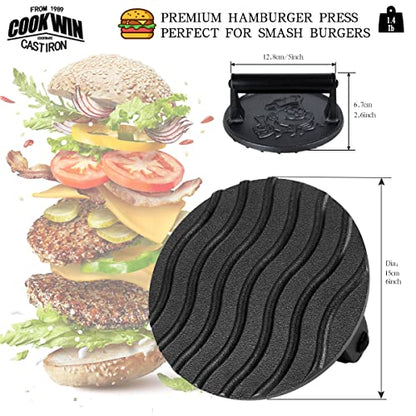 COOKWIN 6" Cast Iron Smashed Burger Press Kit, Heavy-Duty Hamburger Smasher with Non-Slip Handles and 50 pcs Patty Paper, Bacon Meat Weight Press for Steak, Smashburger, Grill and BBQs - color: 6 inch Black