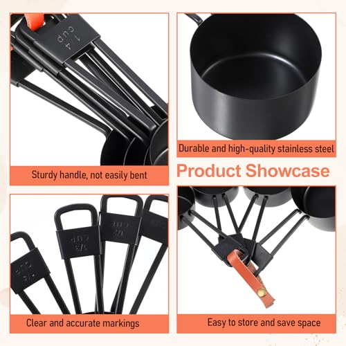 9 PCS Black Stainless Steel Measuring Cups and Spoons Set, Nesting Metal Measuring Cup with Ring Connector for Liquid and Dry Ingredients, Cooking and Baking (Black) - color: Black