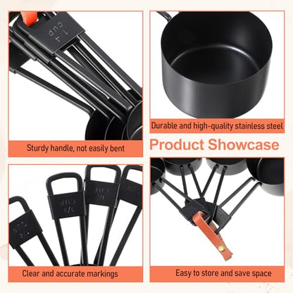 9 PCS Black Stainless Steel Measuring Cups and Spoons Set, Nesting Metal Measuring Cup with Ring Connector for Liquid and Dry Ingredients, Cooking and Baking (Black) - color: Black