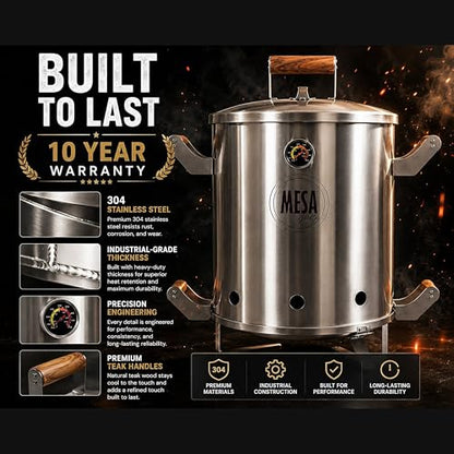 Colombian Barrel Smoker - Charcoal Grill, 100% Stainless Steel, Low-Smoke, Even Heat Distribution | Outdoor BBQ for Families