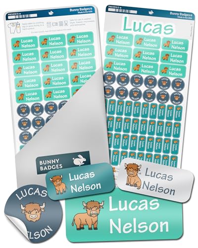 Bunny Badges Personalized Daycare Name Labels for Kids (130 Labels) - Custom Waterproof Name Stickers for Clothing Tags, Water Bottles, Lunch Boxes and School Supplies (Highland Cows) - color: Highland Cows