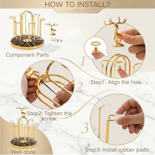 Pumtus Metal Glass Drying Rack, Rotating 6 Bottles Dryer Stand, Drinking Mug Holder with Soft Rubber Hook, Non-Slip Water Tumbler Draining Tree, Reusable Mason Jar Organizer for Kitchen, Countertop
