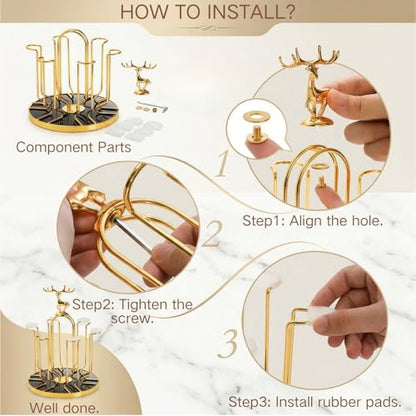 Pumtus Metal Glass Drying Rack, Rotating 6 Bottles Dryer Stand, Drinking Mug Holder with Soft Rubber Hook, Non-Slip Water Tumbler Draining Tree, Reusable Mason Jar Organizer for Kitchen, Countertop