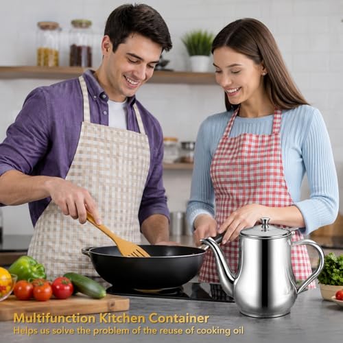 ZOOFOX 2 Pack Bacon Grease Container with Mesh Strainer, 27oz 22oz Stainless Steel Oil Storage Pot for Storing Frying Oil and Cooking Grease