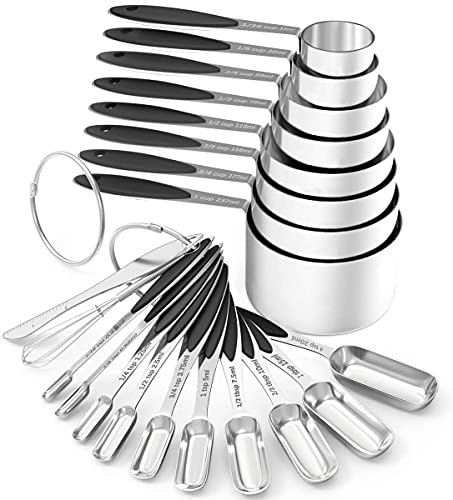 Measuring Cups and Spoons - Wildone Stainless Steel 20 Piece Stackable Set, Includes 8 Black Measuring Cups, 10 Measuring Spoons, 1 Leveler & 1 Whisk, for Dry and Liquid Ingredient - color: Black, size: Set of 20
