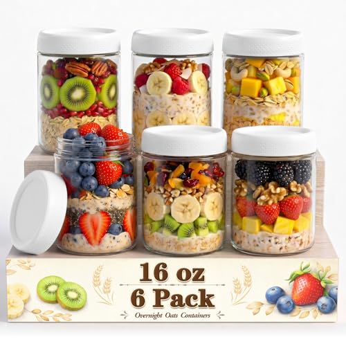 6-Pack Glass Storage Containers with Lids, Overnight Oats Containers with Lids, Wide Mouth Mason Jars 16oz, Glass Jar with Airtight Lid for Yogurt, Chia, Sugar, Snack, Oats, Food Storage - color: White