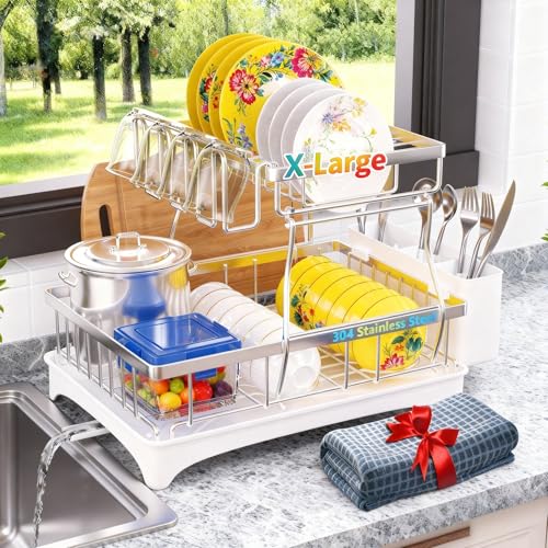 Godboat 2-Tier Dish Drying Rack - 304 Stainless Steel Dish Rack Auto Drain | Dish Racks for Kitchen Counter, Dish Drainer with Knife Fork & Cup Rack, Gifts for Women, Mothers Day, Kitchen Gadget, Silver - size: X-Large (2-Tier/Silver)