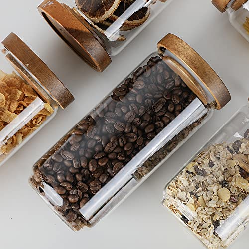Glass Storage Jars with Wood Lid [Set of 5], Airtight Food Containers Stackable for Coffee Beans| Nuts| Pasta - color: 25oz*2+34oz*2+54oz