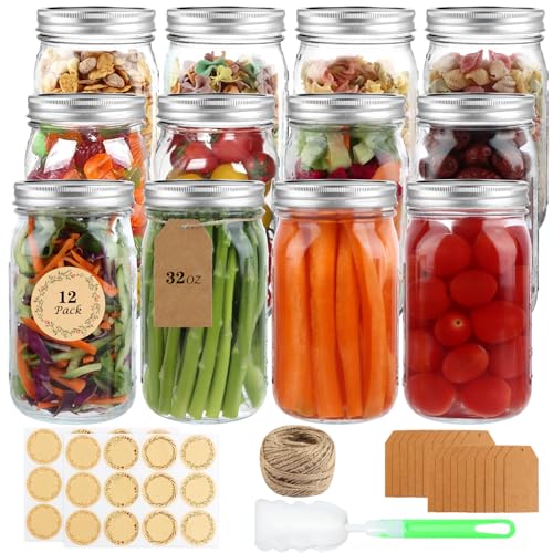 Wide Mouth Mason Jars 32 oz, 12 Pack Clear Glass Mason Jars with Airtight Lids and Bands, Quart Canning Jars for Preserving, Canning, Meal Prep, Pickling - size: 32oz - 12Pack