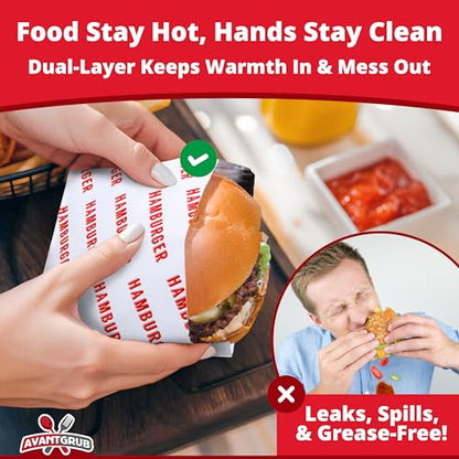 Retro, Grease Proof Burger Wrappers Combo 100Pk. Insulated, Pro Quality Bulk Hamburger and Cheeseburger Bags are BPA Free. Large, Allergen Friendly BBQ Foil Paper Great Cooking Supply For Themed Party
