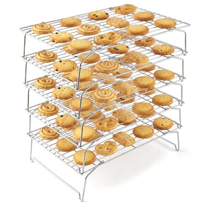 LIANYU Cooling Rack 15"x10", 5-Tier Stackable & Collapsible Stainless Steel Baking Wire Racks for Cooking, Baking, Roasting, Drying, Oven & Dishwasher Safe, Silver