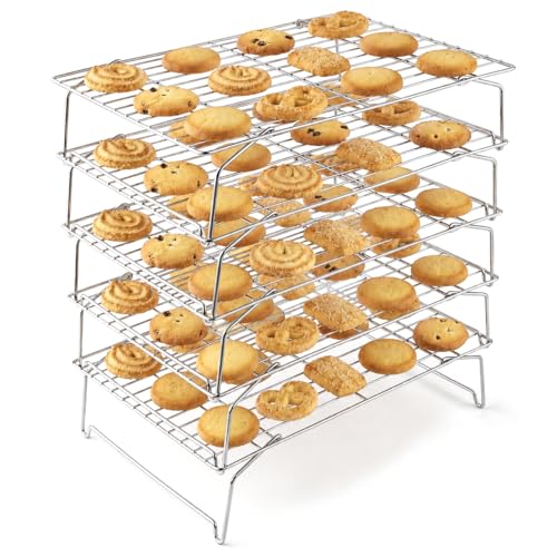 LIANYU Cooling Rack 15"x10", 5-Tier Stackable & Collapsible Stainless Steel Baking Wire Racks for Cooking, Baking, Roasting, Drying, Oven & Dishwasher Safe, Silver