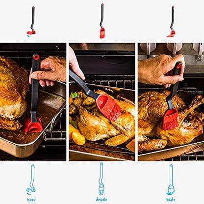 Dreamfarm Brizzle 3-In-1 Flexible Silicone Sit-Up Basting, Drizzle, Scooping Brush with In-Built Sauce Resevoir - Red | Sit-up, mess-free BBQ and pastry brush, flexible bristles, scoop and drizzle baster, holds 1 tbsp of liquid - color: Red