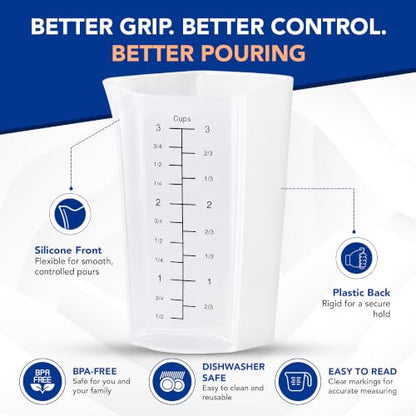 Plastic Measuring Cups Set of 2 (1 Cup & 3 Cup with Oz & mL Markings) | Tall, Thin, No Handle, Non-Slip Grip, Narrow V Shaped Angled Silicone Pouring Spout, Easy Read Measurements, Dishwasher-Safe