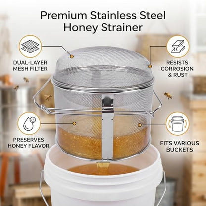 banapoy Stainless Steel Honey Strainer, 304 Double Sieve Fine Mesh AntiClogging Honey Filter, Beekeeping Strainer with Pure Flavor Retention for Bucket Harvesting, Home and Beekeeping