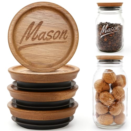 4 Pack Wooden Regular Mouth Mason Jar Lids Canning Supplies Small Mouth Mason Jars Tops Accessories Glass Jars with Wood Can Lid for Jar Cover Rings Decorative Reusable Bamboo Silicone Canning Lids - color: 4 Pcs, size: Regular Mouth