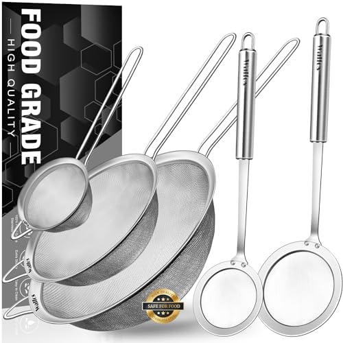 Walfos Fine Mesh Strainer and Fat Skimmer Spoon Set, Multipurpose Metal Strainers for Kitchen, Rice, Quinoa, Food, 304 Stainless Steel Fat Skimmer For Cooking, Fat, Grease, Floating Foam, 5 Pack - style: Strainers Skimmers Set