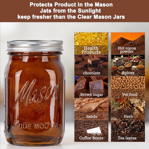 SUT Amber Wide Mouth Mason Jars 32 oz,9 Pack Quart Mason Jars With Airtight lids and Bands,Canning Jars 32 oz for Preserving,Meal Prep,Overnight Oats,Fermenting - color: Amber
