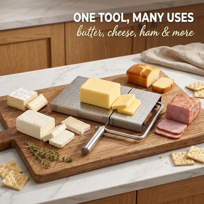 Cheese Slicer Board with Wire, Stainless Steel Cheese Cutter with Measuring Grid, Adjustable Thickness for Cheese & Butter, Includes 5 Replacement Wires