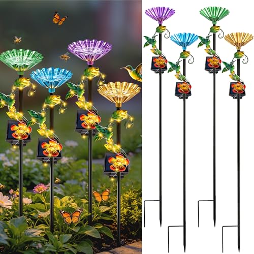 VOOKRY Solar Outdoor Garden Decor Lights & bee/Bird/Butterfly Water Station | Both functions of garden decor and water supply.Waterproof decor for Patio Lawn Yard,Gifts for Women Mom(4 Pack Hummingbird) - size: 4 Pack Hummingbird