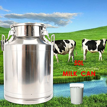 Milk Can with Sealed Lid, Stainless Steel Milk Transport Cans Wine Pail Bucket Tote Jug Pot Oil Liquid Storage Barrel with 2 Handles Sealed Silicone Anti-Leak Ring Lock Belt 50L 13.208 Gallon - color: 50l