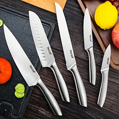hecef Silver Kitchen knife set of 5, Satin Finish Blade with Hollow Handle, includes 8" Chef, 8" Bread, 8" Santoku, 5" Utility and 3.5" paring knife - style: 5 PCS