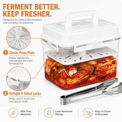 Kimchi Fermentation Container, Automatic Press Plate Sauerkraut Jar, Airtight Plastic Food Storage Container with Hidden Handle, Kimchi Making Kit, Clear Pickle Box for Home Kitchen, 5L/1.32gal