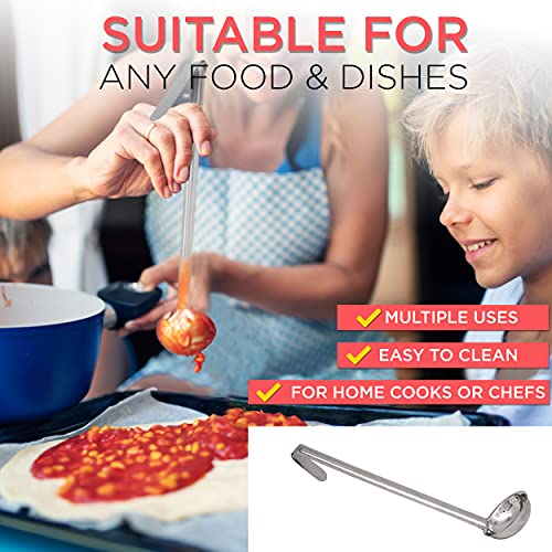 Fit Meal Prep [2 Pack] 2 oz Stainless Steel Soup Ladle, One-Piece Sauce Spatula with Hook Handles, Commercial Grade Serving Spoon, Kitchen Tool for Restaurant or Home Cooking, Mirror Finish, 12" Long - size: 2 oz
