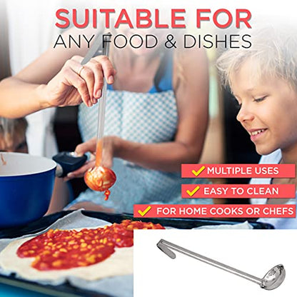 Fit Meal Prep [2 Pack] 2 oz Stainless Steel Soup Ladle, One-Piece Sauce Spatula with Hook Handles, Commercial Grade Serving Spoon, Kitchen Tool for Restaurant or Home Cooking, Mirror Finish, 12" Long - size: 2 oz