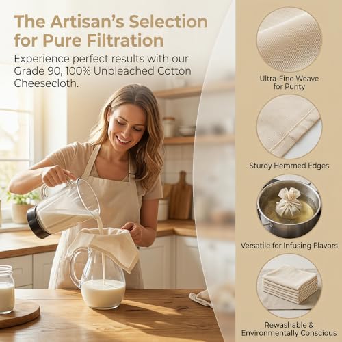 Grade 90 Cheese Cloth for Straining & Cooking,40x40 Inch,Hemmed Edges,100% Unbleached Cotton for Basting Turkey, Canning, Straining, Cheesemaking