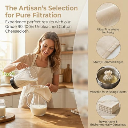 Grade 90 Cheese Cloth for Straining & Cooking,40x40 Inch,Hemmed Edges,100% Unbleached Cotton for Basting Turkey, Canning, Straining, Cheesemaking