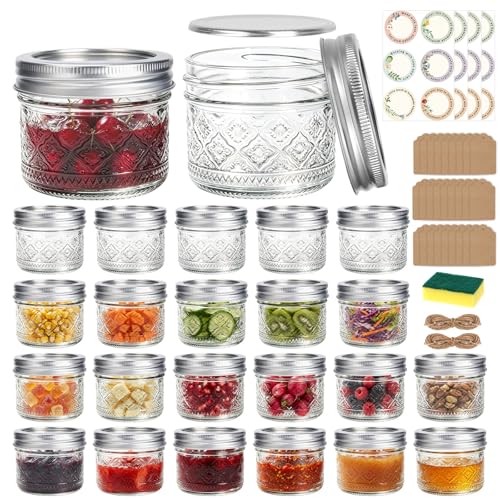 STARSIDE Mini Glass Mason Jars 4oz 24-Pack with Airtight Split Lids | Embossed Small Canning Jars for Jams, Jelly, Honey, Snacks, Spices, DIY Gifts & Wedding Favors - color: Clear05-4oz