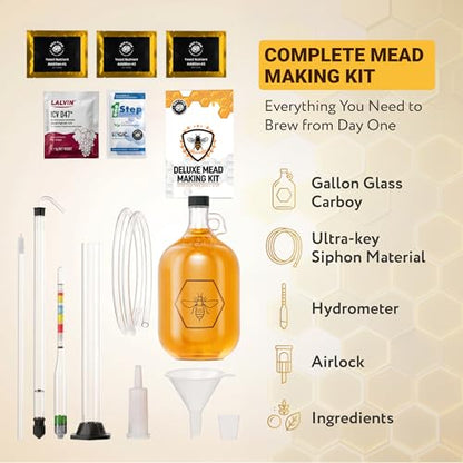Complete Mead Making Kit for Beginners with Premium Yeast and Ingredients – Home Brewing Starter Kit – Includes 1 Gallon Carboy - Alcohol Hydrometer – Auto Siphon – Airlock - How to Guide - color: Deluxe Kit with Premium Ingredients