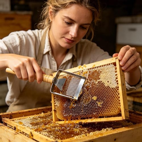 Stainless Steel Honey Fork, Wooden Handle Uncapping Fork Tool, Adjustable Pins Scraper with, Metal Beekeeping Forks, Apiary Tool Forks with Classic Design, Honey Extraction for Frames