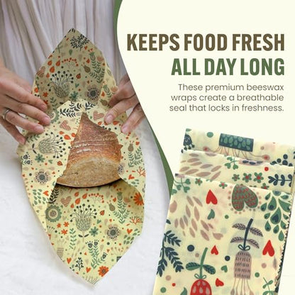 Beeswax Wraps for Food - Reusable & Moldable Bees Wax Covers for Bowls, Fruits, Cheese - Natural Food Storage Alternative to Aluminum Foil & Plastic Wrapping - Small, Medium, Large - 3-Pack