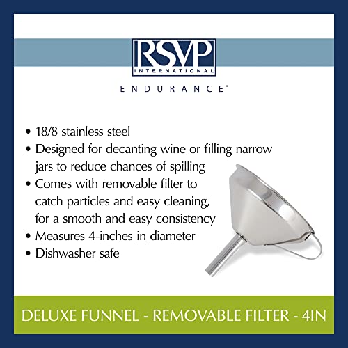 RSVP International Endurance Kitchen & Canning Large 18/8 Stainless Steel Funnel with Removable Straining Filter, Designed for Narrow or Wide Mouth Jars & Bottles, Dishwasher Safe, 5" Diameter
