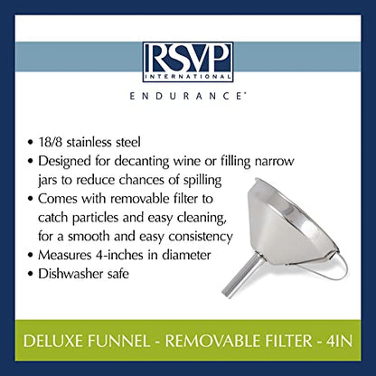RSVP International Endurance Kitchen & Canning Large 18/8 Stainless Steel Funnel with Removable Straining Filter, Designed for Narrow or Wide Mouth Jars & Bottles, Dishwasher Safe, 5" Diameter