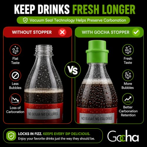 GOCHA 2 PCS Vacuum Soda Bottle Stoppers, Silicone Fizz Keeper Caps, Carbonation Preserver for Soda, Sparkling Water, Soft Drinks & Beer Bottles, Reusable Leak Proof Bottle Sealer | (Green) - color: Green