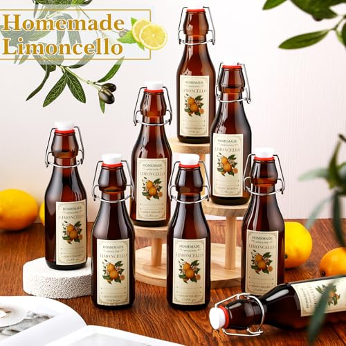 LemonRoad 10 Pcs 8 oz Limoncello Bottles Amber Swing Top Glass Bottles with Labels Airtight Cap Lids for Limoncello Homemade Flip Top Glass for Home Brewing Wedding Baby Shower Housewarming Favors