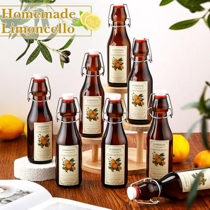 LemonRoad 10 Pcs 8 oz Limoncello Bottles Amber Swing Top Glass Bottles with Labels Airtight Cap Lids for Limoncello Homemade Flip Top Glass for Home Brewing Wedding Baby Shower Housewarming Favors