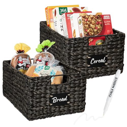 Best Choice Products 식료품 저장실 바구니 40.6 x 30.5cm(16 x 12인치) 워터 히아신스 보관 바구니 2개 세트, 손잡이가 달린 우븐 고리버들 주방 정리함, 칠판 라벨 분필 마커 포함 - 블랙 - color: 블랙., size: 12x16x8in