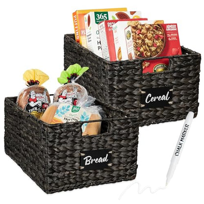Best Choice Products 식료품 저장실 바구니 40.6 x 30.5cm(16 x 12인치) 워터 히아신스 보관 바구니 2개 세트, 손잡이가 달린 우븐 고리버들 주방 정리함, 칠판 라벨 분필 마커 포함 - 블랙 - color: 블랙., size: 12x16x8in