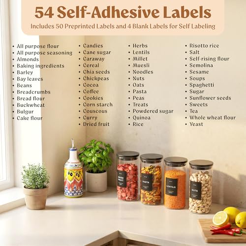 EDELHAUS Glass Storage Containers with Black Lids [4x40oz] Extra Thick Glas with 54 Labels - Canister For Pantry Noodles Flour Cereal Rice Sugar Tea Coffee Beans - Round Set - color: 4x40oz - Black Lids