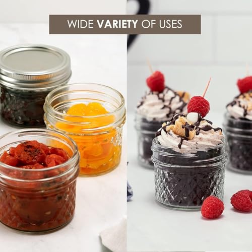 Ball Wide Mouth Quilted Crystal Jelly Jars with Lids and Bands, Used for Canning, Pickling, Juice, Jam, Jelly, Quarter Pint Size (4 Ounce (Pack of 6)) - size: 4 Ounce (Pack of 6)