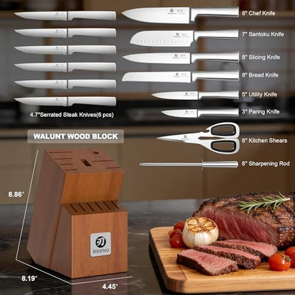 imarku 15-Piece Knife Block Set Built-in Sharpener, Japanese High Carbon Stainless Steel Kitchen Knife Set, Dishwasher Safe, Chef Knife Set with Wooden Knife Block, Santoku Knives for Kitchen Cooking - color: Brown