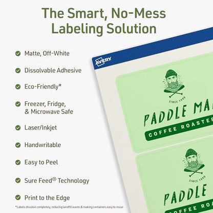 Avery Dissolvable Rectangle Labels, Sure Feed Technology, 3" x 7", Matte White, Print-to-The-Edge, Laser/Inkjet Printable, 30 Labels Total - style: 30 labels